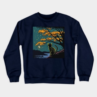 Tabby Cat Watching Fireworks over a Lake Crewneck Sweatshirt